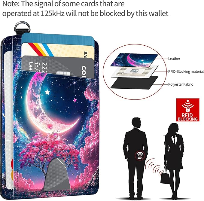 Slim RFID Blocking Card Holder Wallet with Wrist Strap - Minimalist Front Pocket Wallet, Sky Moon Design, PU Leathe, for Men & Women, Ideal for Travel & Gifts