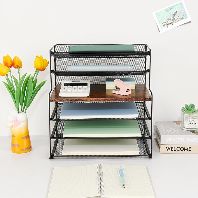 OPNICE 6-Tier Letter Tray Paper Organizer, Desk Organizers and Accessories, Desktop File Organizer, Office Desk Accessories for Office Supplies (Wood Brown)