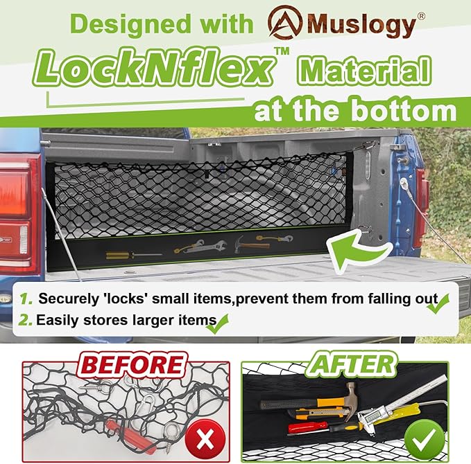 Muslogy Truck Bed Cargo Net Trunk Netting Compatible with 2013-2026 Chevy Silverado & GMC Sierra 1500/2500HD/3500HD Accessories, Pickup Cargo Organizer SUV Sedan Storage Net w/Heavy Duty Carabiners
