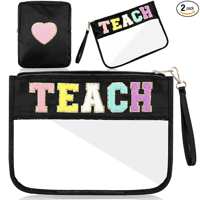 Hillban 2 Pcs Teacher Appreciation Gifts Teach Chenille Letter Clear Makeup Bag Pouch, Monogram PVC Clear Zipper Pouch with Wristlet Travel Cosmetic Bag Graduation Retirement Teacher Gifts for Women