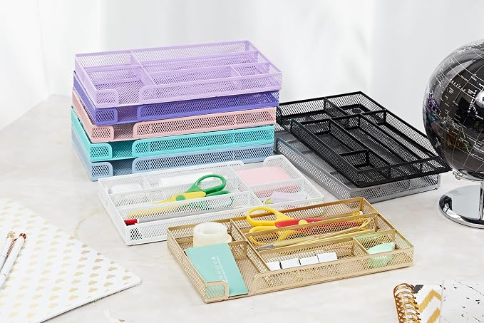 Annova Desk Drawer Organizer Tray for Office Organization - Metal Mesh - Storage Tray with Dividers for Pens, Desktop Accessories, Bathroom, Kitchen, Makeup and Office Supplies (Small, Silver)