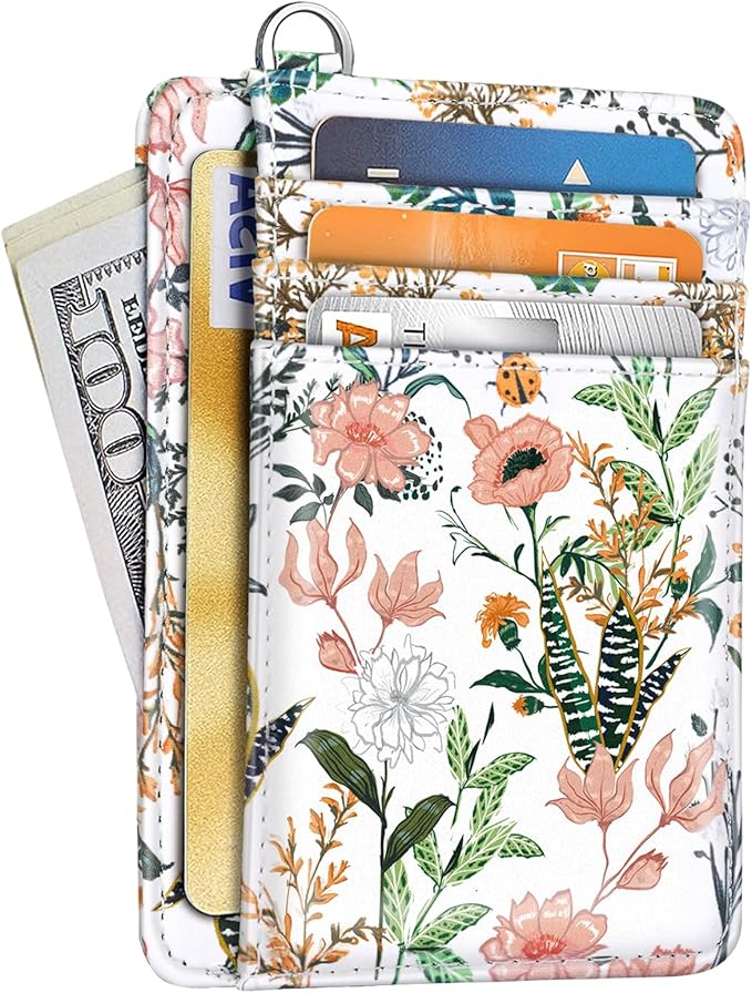 Coco Rossi Slim Front Pocket Wallet RFID ID Card Holder Cute Small Wallet with Keychian for Women,White Flowers