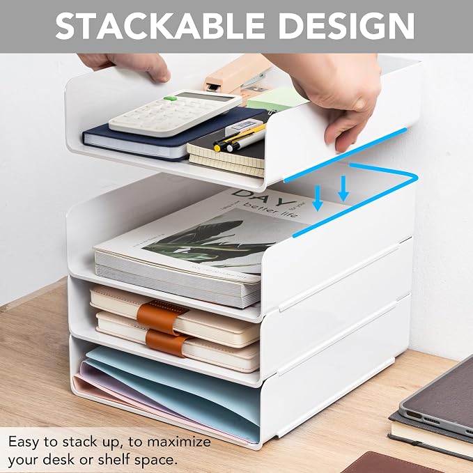 Tiawudi Desk Organizer, Office Organization and Storage, Plastic Letter Tray, Stackable File Organizer for Classroom, Home, Documents, Notes, Folders, Books and Pens, 4 Tier