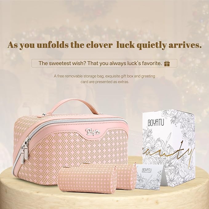 BOYATU Travel Makeup Bag for Women: Four Leaf Clover Large Capacity 3 Pcs Set Cosmetic Bags - Waterproof 50% Extra Space for Toiletry Organizer - Travel Essentials for Fortunate (03 Pink)
