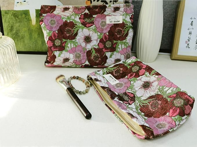 HAPPYHEIDI Makeup Bag Set 3 Cosmetic Toiletry Organizer Zipper Pouch for Purse Tote, Women Girls Gift, Large Medium Small, Red Floral Jacquard Polyester