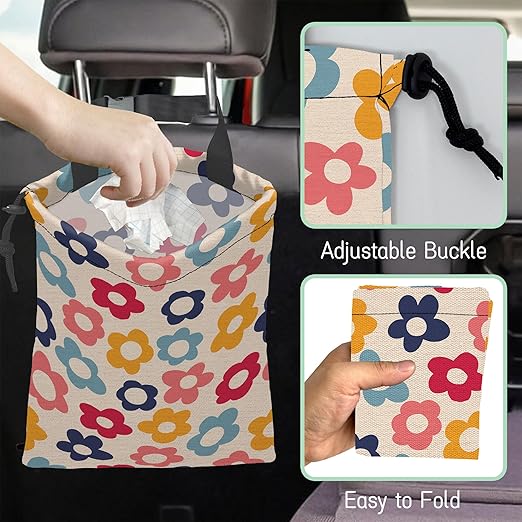 Groovy Flowers Car Garbage Bag,Waterproof Small Car Trash Bag Hanging Back of Seat,Drawstring Hanging Car Trash Bag with Adjustable Buckle for Car Accessories