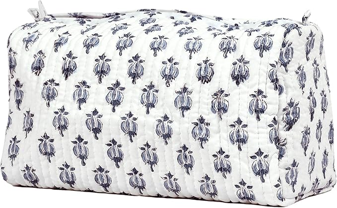 Cotton Hand Block Floral Print Toiletry Bag For Women Make Up Cosmetic Bag Jewelry Organizer Kit Storage Bag Case Travel Accessories Essentials Toiletries Purse Open Pouch White 2 (9.25"x 6.88"x 4.5")