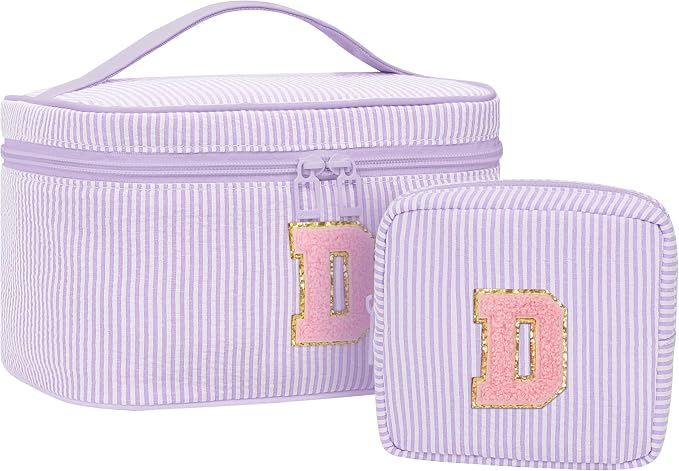 MONSTINA Monogram Cosmetic Bag with Brush Holder,Gifts for Girls Teen Girls-Initial Makeup Bag|Personalized Gifts for Women Friends|Cute Toiletry Make Up Traveling Stuff Organizer 2PCS Purple D