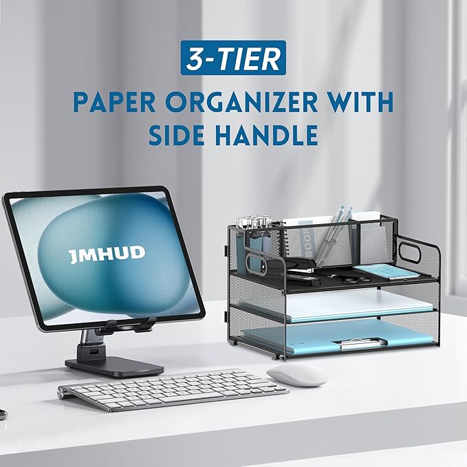 3 Tier Desk File Organizer with Pen Holder, Mesh Paper Tray File Organizer for Desk, Fold Holder with Handle for Office, Classroom, Home, Workspace(Black)
