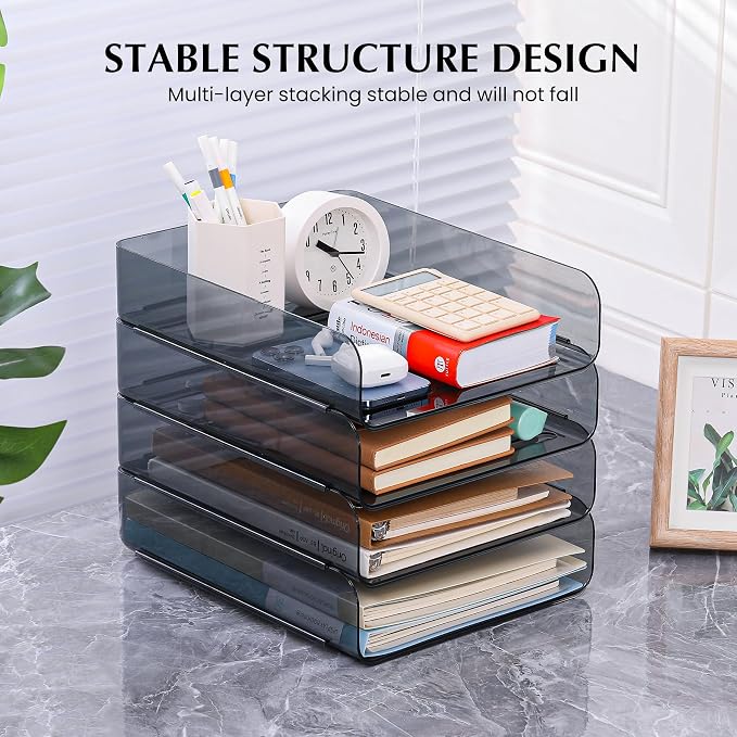 CiWiVOKi 2 Pack Stackable Paper Tray Organizer, Clear File Organizer for Desk, Office Organizer and Storage for Desk Accessories, Notes, Books, File Paper, Document, Black