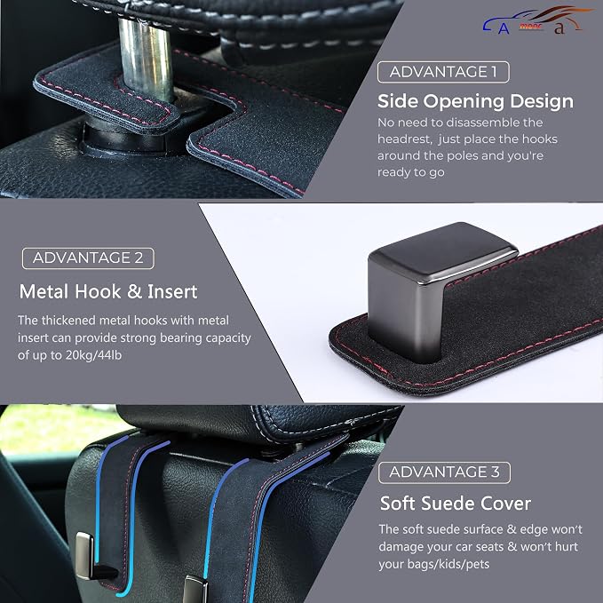 Amooca Car Seat Back Hook Universal Auto Storage Hanger Suede with Metal Car Seat Organizer for Handbag Purse Coat Umbrellas Grocery Bags 2 Pack Black