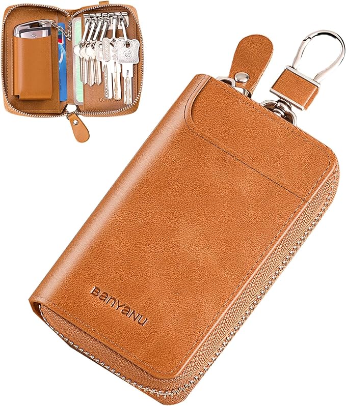 Car Key Case for Men and Women, Apricot Genuine Leather Card Holder Wallet Keys Pouch Organizer Bag with 6 Keychain Hooks, 3 Cards Slot (Apricot w/Keychain)