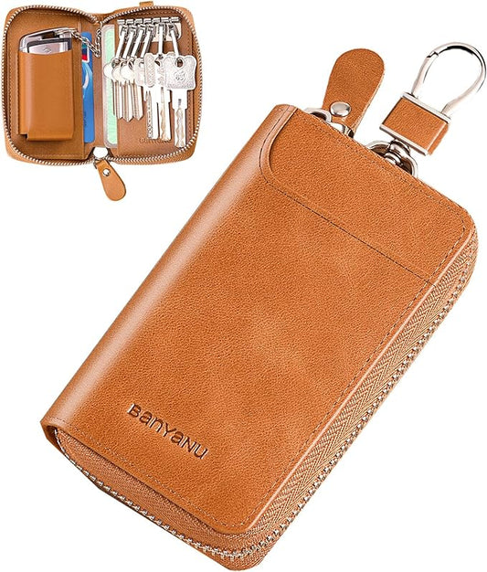 Car Key Case for Men and Women, Apricot Genuine Leather Card Holder Wallet Keys Pouch Organizer Bag with 6 Keychain Hooks, 3 Cards Slot (Apricot w/Keychain)
