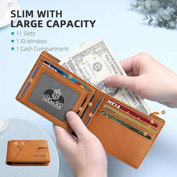Zitahli Bifold Wallets for Men - Slim RFID Leather Credit Card Holder for 6-11 Cards, Minimalist Thin Wallet with ID Window & Cash Slot,Front Pockt Carteras Para Hombres, Birthday Gifts for Men | Slim, RFID Blocking, Premium, Front Pocket, Gift Box, Le...