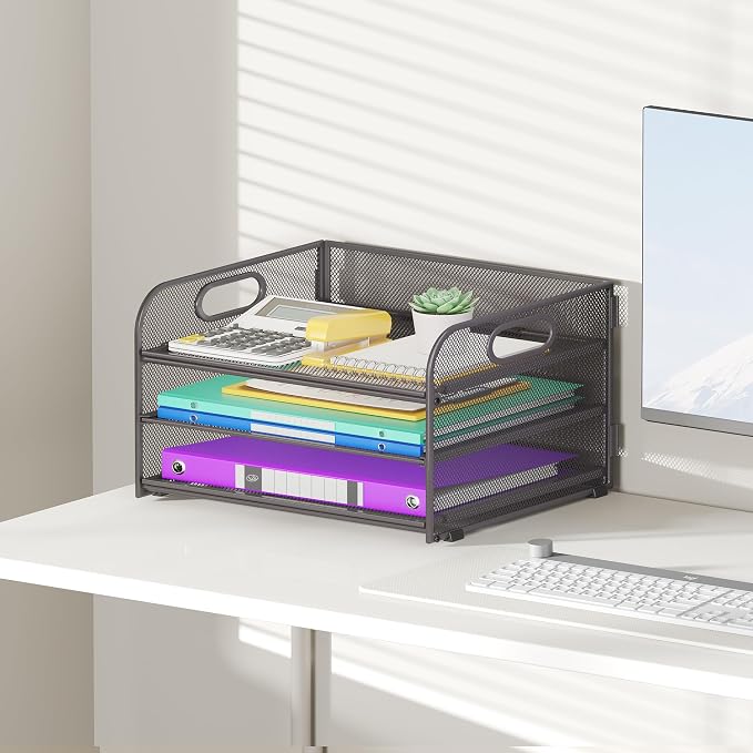 Cawukege 3 Tier Paper Organizer with Handle, Metal Desk Organizer Mesh Paper Letter Tray Desktop File Folder Document Sorter for Classroom, School, Office Accessories Storage (1, Grey)