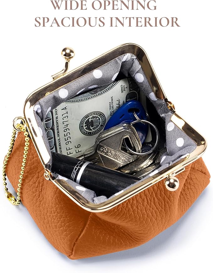 Genuine Leather Coin Purse for Women, Cute Mini Lipstick Holder Case, Small Vintage Kiss Lock Jewelry Storage Organizer Change Bag Pouch (Brown)