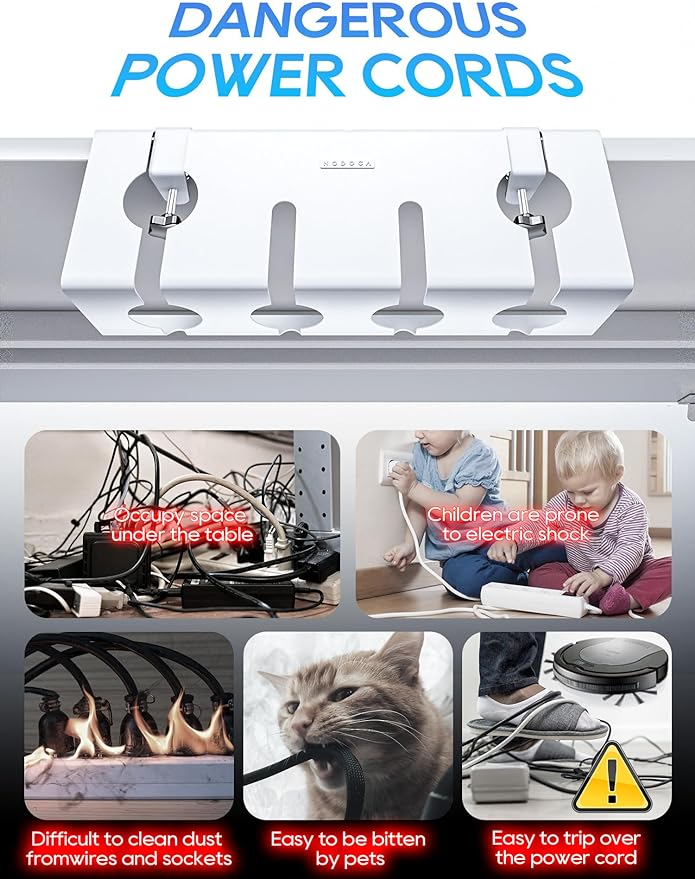 NODOCA No Drill Under Desk Cable Management Tray, 17'' Wire Management, Punch-Free Clamp on, Metal Cable Tray, Wire Organizer Under Desk, Under Dessk Basket for Office and Home, White