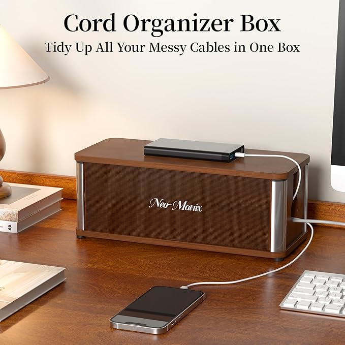 Delamu Wooden Cable Management Box, Retro-Inspired Look Desk Cord Organizer Box for Home Office, Large Cord Hider Box Hides Cords and Power Strips, Floor Cord Covers, 14.3" x 6.0" x 5.5", Dark Brown