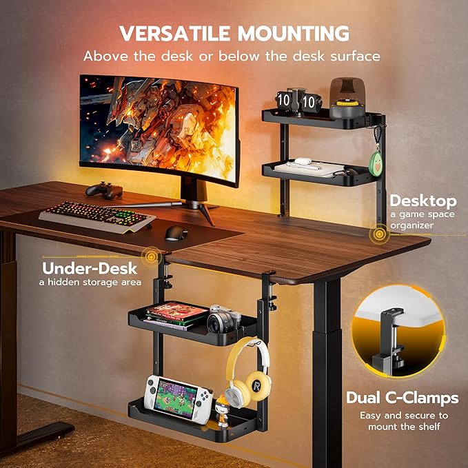 ARES WING 2-Tier Clamp On Desk Shelf, 16 inch Adjustable Above or Under Desk Storage Shelves Holds 66 lbs, Heavy Duty Desktop Organizer with Headphone Holder for Working and Gaming Accessories, Black