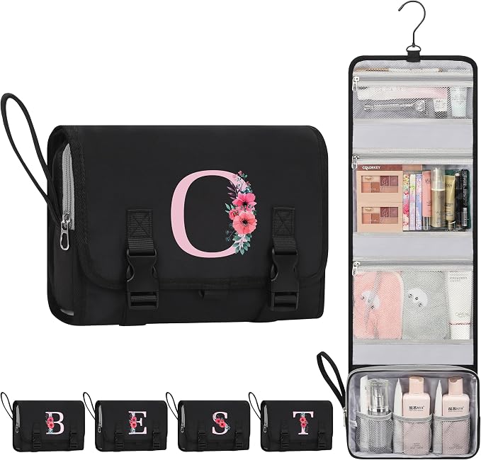 Relavel Travel Hanging Toiletry Bag for Women Teens, Initial Makeup Bag with Hanging Hook, Large Foldable Toiletries Bag for Full-Sized Shampoo, Conditioner, Brushes Set, Makeup Accessories - Black O