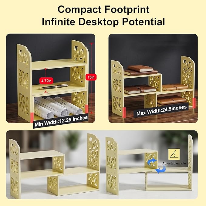 YGYQZ Adjustable Desktop Organizer Shelf – Space-Saving Desk Shelves & Desktop Bookshelf for Office, Home & Dorm – Sturdy PVC Desk Book Organizer with Non-Slip Feet, Easy Assembly