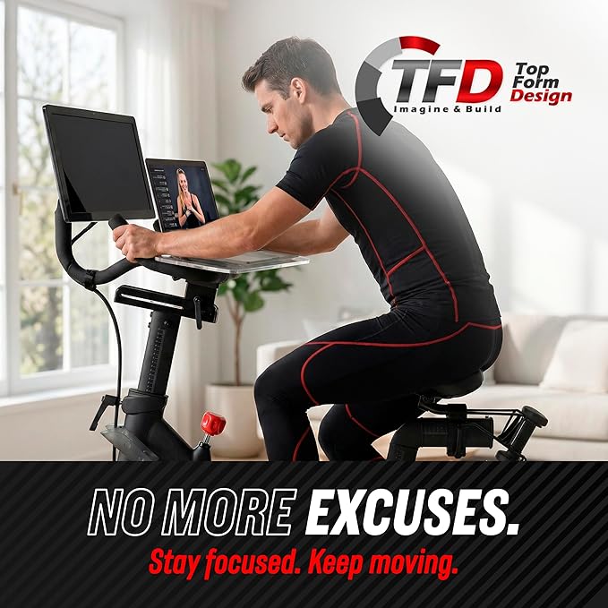 TFD The Tray V2 for Peloton Bike Original Models, Flat Acrylic Desk Tray with Phone and Pen Holders, Laptop and Tablet Tray for Work, Reading, or Viewing While Riding, Clear