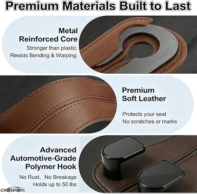 CHOSMOYI Leather Car Headrest Hooks for Purses & Bags, 2 Pack Heavy Duty Seat Back Organizer, Double Car Hooks for Groceries & Handbags, Universal Interior Accessories (Brown)