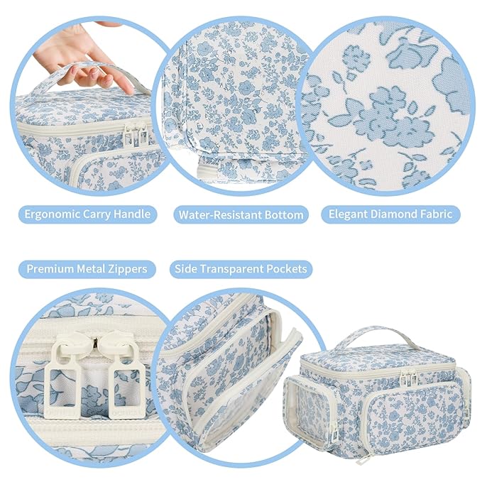 Makeup Bag with Multi-Pockets,Travel Cosmetic Bag with 2 Transparent Side Pockets for Easy Small Item Finding, Enlarged Internal Compartments, Large Capacity Waterproof Bottom Makeup Organizer -Floral
