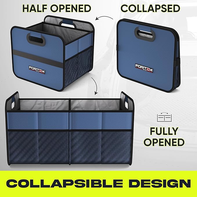 FORTEM Car Trunk Organizer, Collapsible Two Compartment Organizer, Foldable SUV & Truck Storage for Car Accessories for Women Men, Non Slip Bottom, Sturdy Side Walls, Strong Handles, 45L
