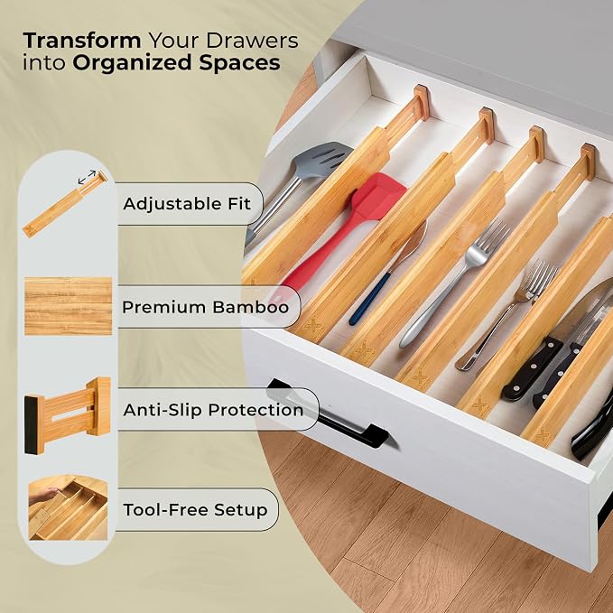 6 Pack Deep Drawer Dividers - 17-22 Inch Deep Expandable Drawer Organizer Set - Spring Loaded Large Drawer Dividers for Kitchen, Bedroom, Closet, Office anywhere in daily life