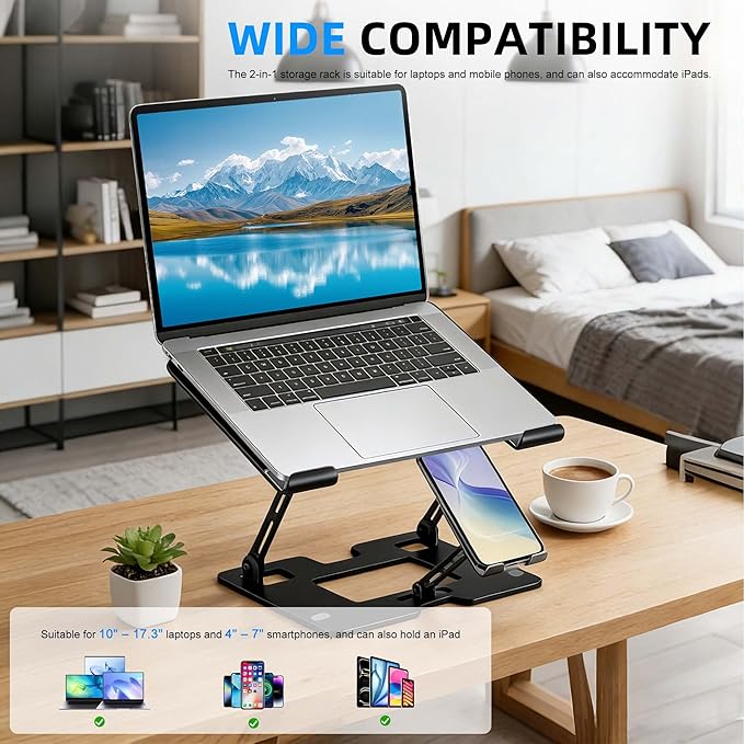 Ergonomic Adjustable 2-in-1 Laptop Stand with Phone Holder, Laptop Riser for Desk, Computer Stand for Laptop, Sturdy and Portable Stand, Compatible with Most Laptops and Phones (Black)