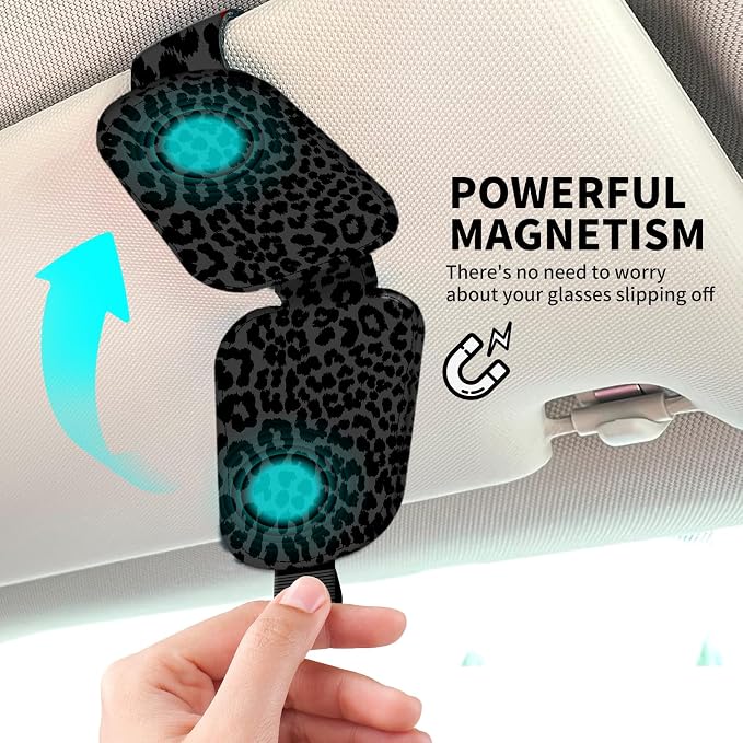 Leather Magnetic Sunglass Holder for Car Sun Visor, Cute Eyeglass Ticket Card Hanger Clip, Universal Auto Interior Accessories for SUV Pickup Truck Black Leopard Print