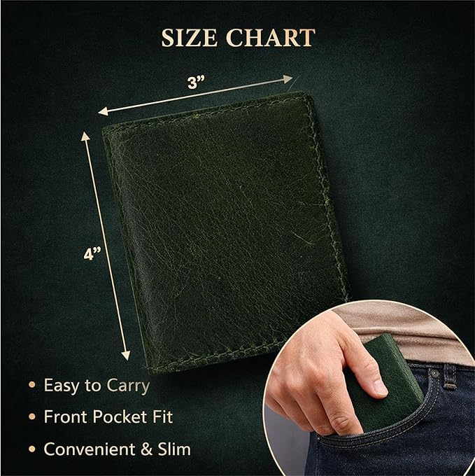 Genuine Leather Bifold Card Holder Wallet for Men & Women Slim Minimalist Front Pocket Credit Card Wallet, Compact Travel & Everyday Carry - Forest Green
