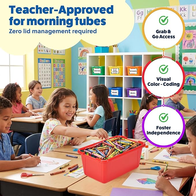 GAMENOTE 6 Quart Open Storage Bins – 6 Pack Rainbow Plastic Stackable Bins for Classroom & Kids Toy Organization with Removable Labeling Stickers, Opaque Shoe Box Size Containers for Crafts & Building