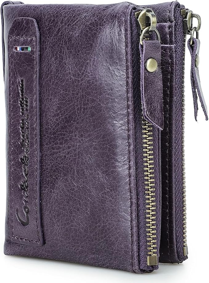 CONTACTS Soft Leather Wallet for Women Small Bifold Coin Purse Double Zipper Card Holder with RFID Blocking (Eggplant Purple)