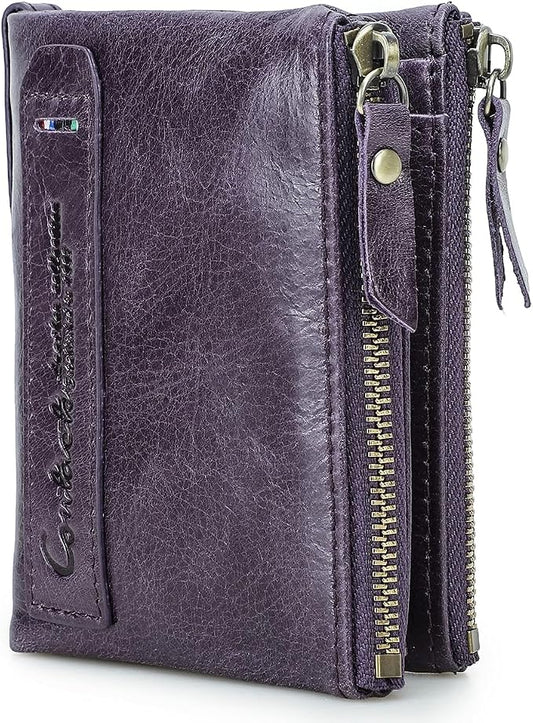 CONTACTS Soft Leather Wallet for Women Small Bifold Coin Purse Double Zipper Card Holder with RFID Blocking (Eggplant Purple)
