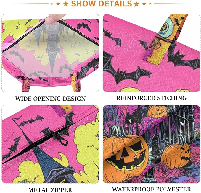 Travel Laundry Bags 2 PC Wet Dry Bag with Handle Dirty Clothes Organizer for Swimsuits Beach Camping Waterproof Washable Halloween Castle Bats Pumpkins Pink (1)
