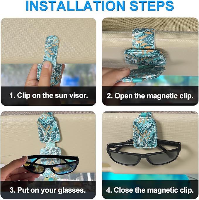 LTOHOE 1 Pack Sunglass Holder for Car, Magnetic Leather Sunglasses Holder and Ticket Card Clip, Universal for Different Size Glasses, Car Visor Accessories(Colorful Painting)