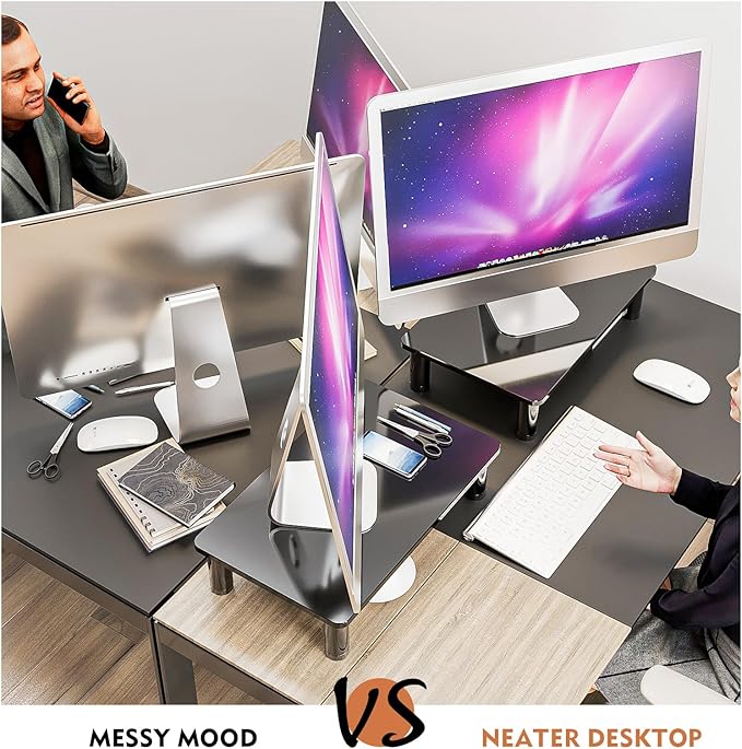 Hemudu 2 Pack Computer Monitor Stand Riser with Height Adjustable Multi Media Desktop Stand for Flat Screen LCD LED TV, Laptop/Notebook/Xbox One, Black HD01B-202