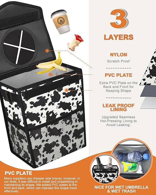 Pritent Car Trash Can with Lid, Cute Leakproof Car Trash Garbage Bag Hanging Vehicle Trash Bin Small Portable Automotive Garbage Cans Organizer for Back/Front Seat/Console(Trapezoid,Cow Print)