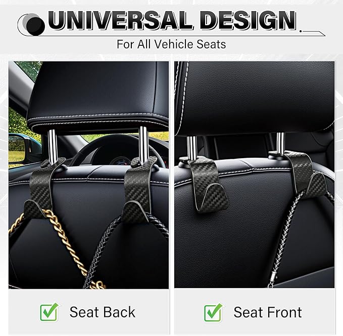 SINGARO Universal 4 Pack Car Seat Headrest Purse Hook, Carbon Fiber Back Seat Hook Storage Organizer Hanger for Purse Handbag Coat, Car Interior Accessories(Black)