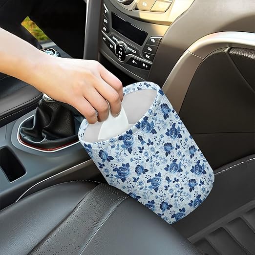 Blue Roses Car Rubbish Bin Portable Waste Basket Can Foldable Auto Waste Storasge Bag Holder with Adjustable Strap for Camping, Travelling, Picnic
