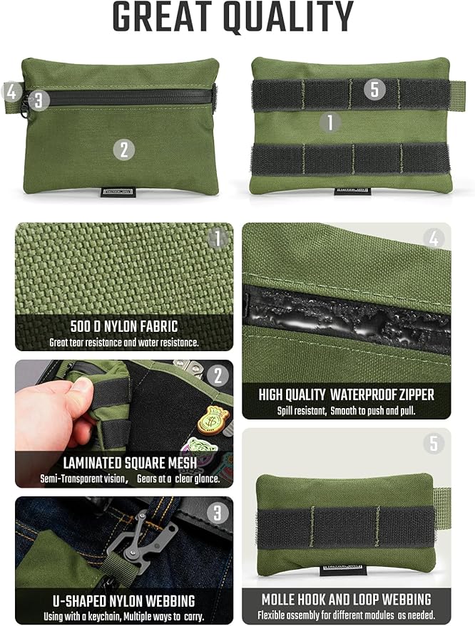 TACTICAL GEEK Storage A5 EDC Storage Pouch Set, Molle EDC Gadget Pouch, Multi-Functional Utility Small Tool Pocket for Daily Carry (Green/CR)