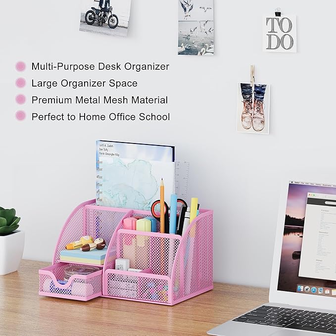 EasyPAG Mesh Desk Organizer with Drawer Multi-functional Pen Holder Stationery Organizer for Office School Supplies 6 Compartments Dorm Organizers and Storage for Desk, Light Pink