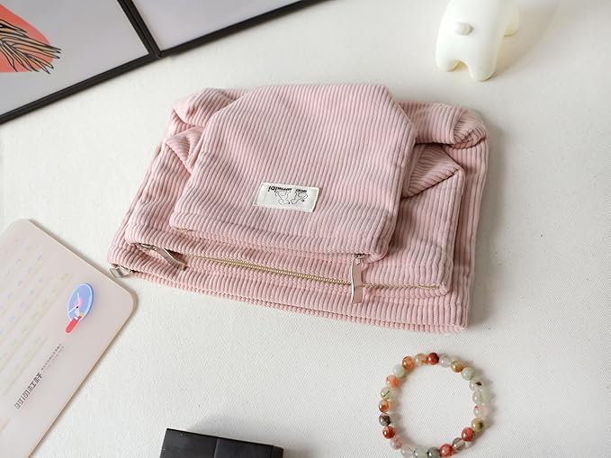 HAPPYHEIDI Corduroy Makeup Bag Set 3 w Pocket Cosmetic Toiletry Travel Pouch Purse Organizer, 3-Size, Soft Creamy Pink