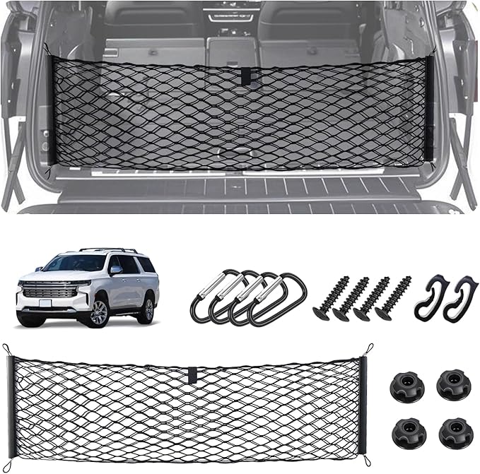 Envelope Style Cargo Net for 2021-2025 2026 Chevy Tahoe/Suburban/GMC Yukon Accessories, Rear Trunk SUV Mesh Cargo Net, Upgraded 5mm Bungee & Double-Layer Nylon Storage Netting Grocery&Tools Organizer