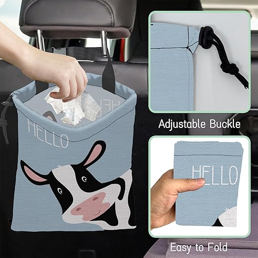 Cute Cow Car Garbage Bag,Waterproof Small Car Trash Bag Hanging Back of Seat,Drawstring Hanging Car Trash Bag with Adjustable Buckle for Car Accessories