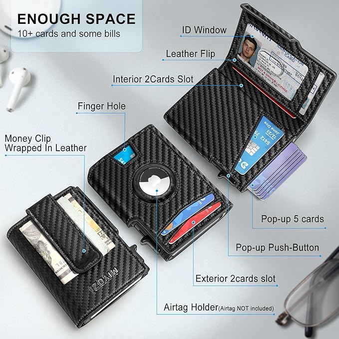 miyozi Airtag Wallet for Men,with Money Clip 10 Cards Metal Case Smart Slim Pop Up Credit Card Holder Flip with Magnetic Closure RFID Blocking wallet with Gift Box