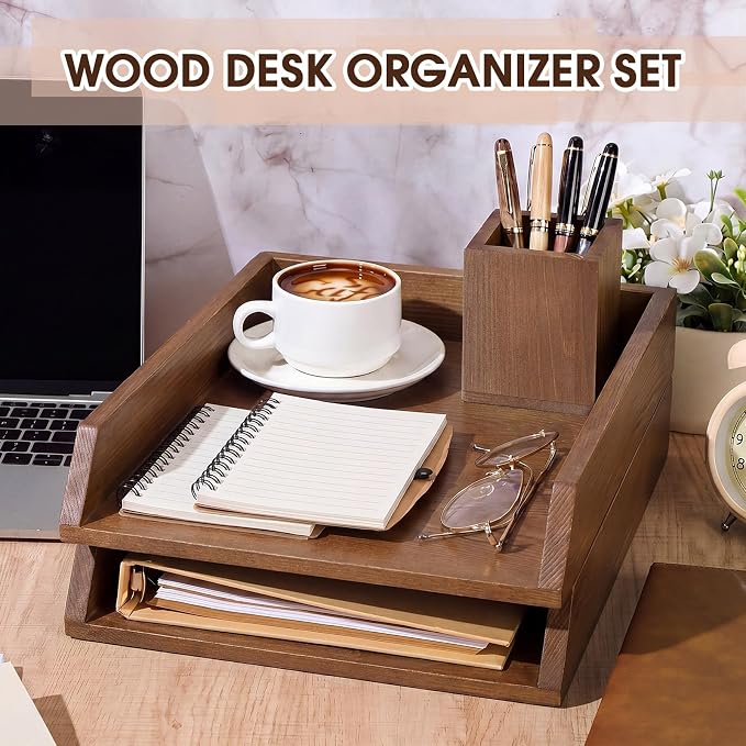Nuanchu 2 Pcs Wooden Letter Trays with Pen Holder Wood Desk Organizer Set Heavy Duty 2 Tier Brown Stackable Supports Letter-Size Paper Tray Desktop Drawer Pen Magazine File Folder Office Accessories
