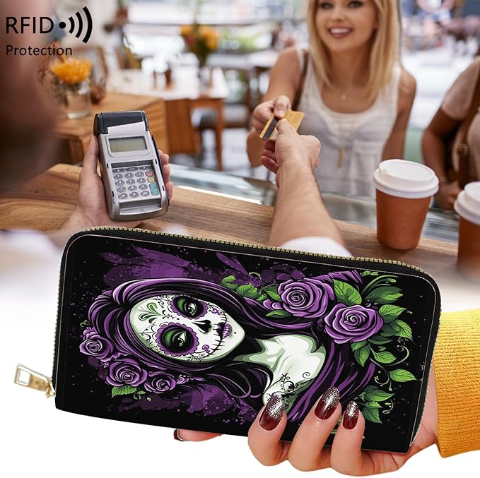 Womens Wallet,RFID Blocking Large Capacity Clutch,Zip Around Leather Purse with 8 Card Slots,Bill Compartments Coin Pocket - Day of the Dead Sugar Skull Women